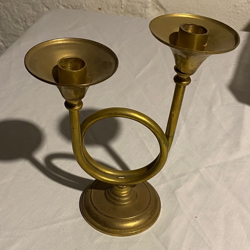 Elegant vintage double French horn brass candle stick